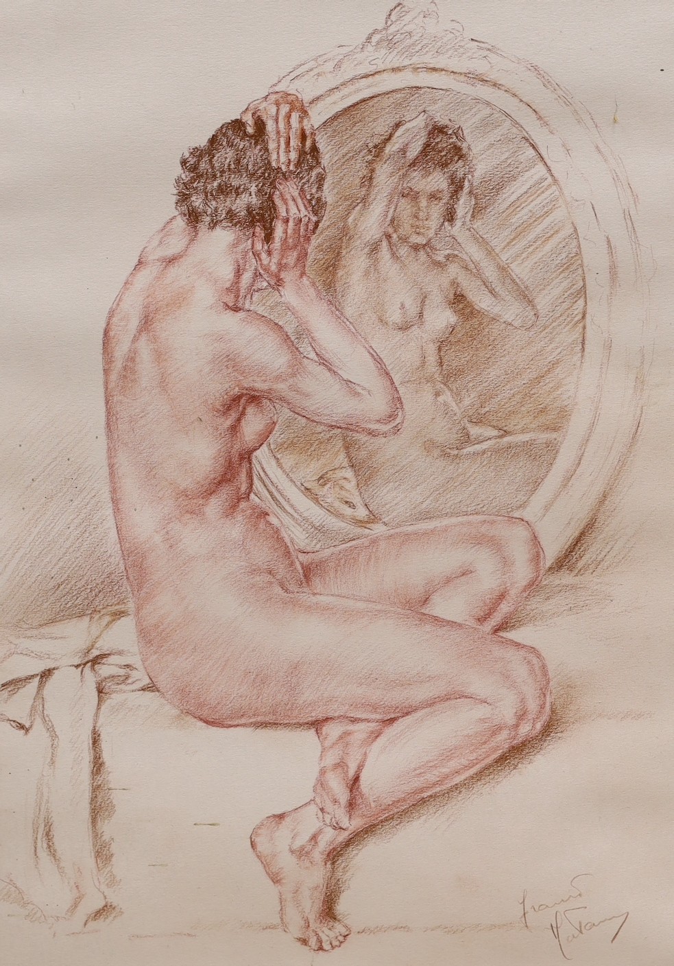 Franco Matania (1922-2006), pastel, Nude in a looking glass, signed, 45 x 31cm
